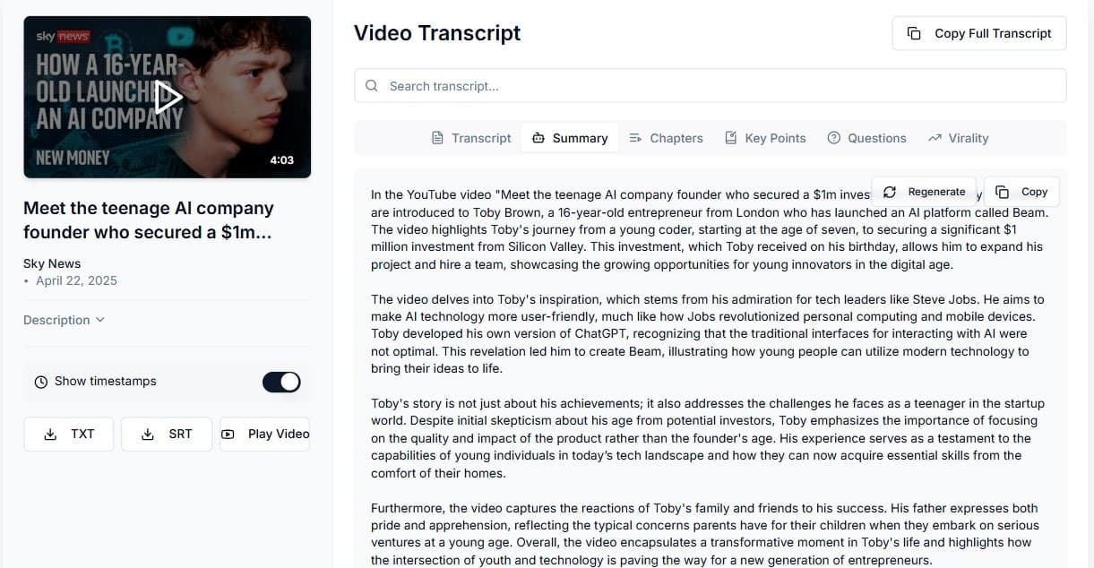 Free YouTube AI Summarizer Tool