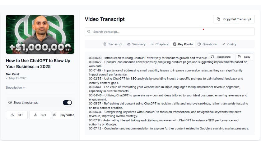 Free YouTube Video Key Points Generator